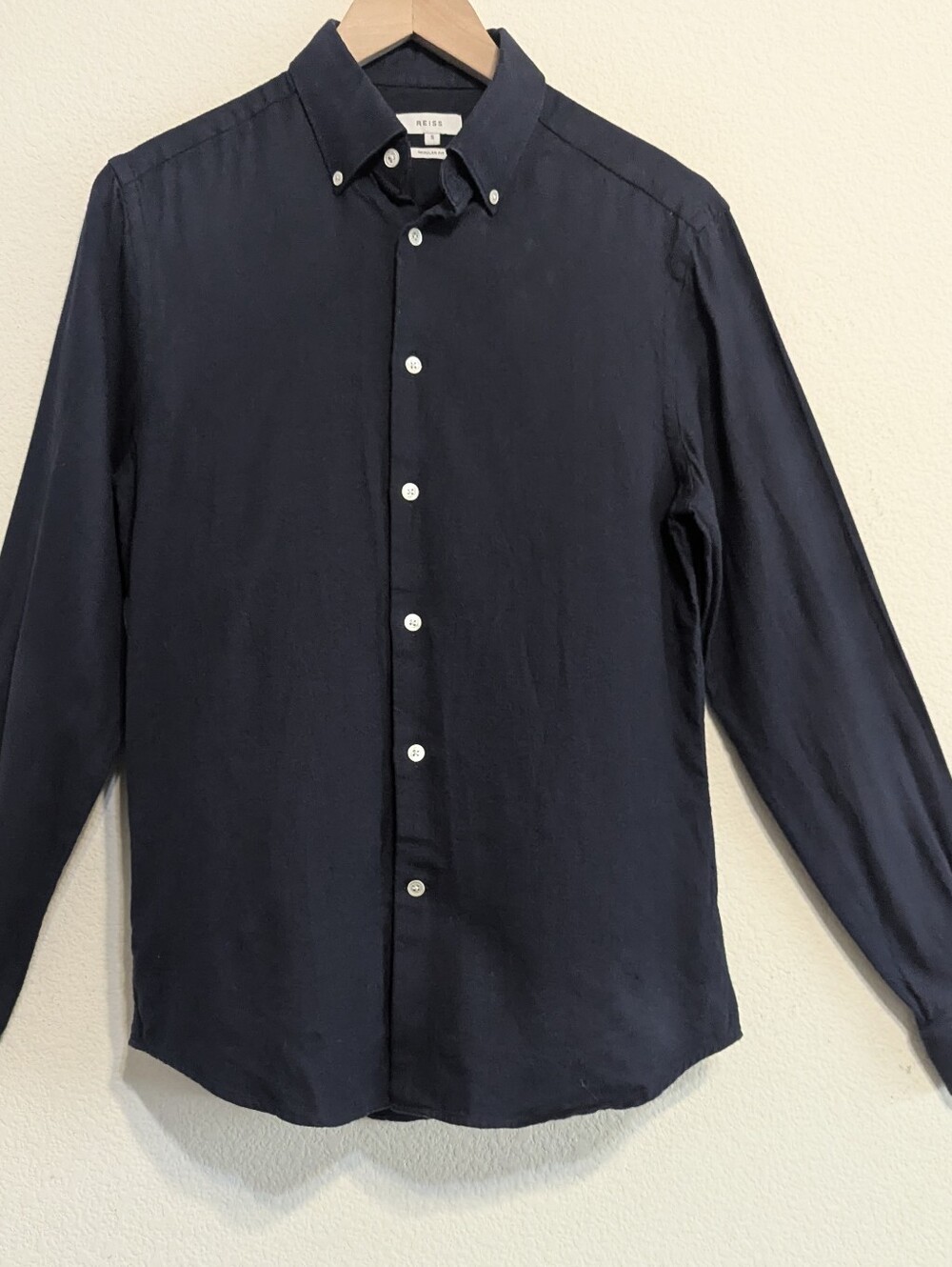 Reiss Shirt Men Small Blue Navy Button Down Regular Fit Textured Classic Cotton
